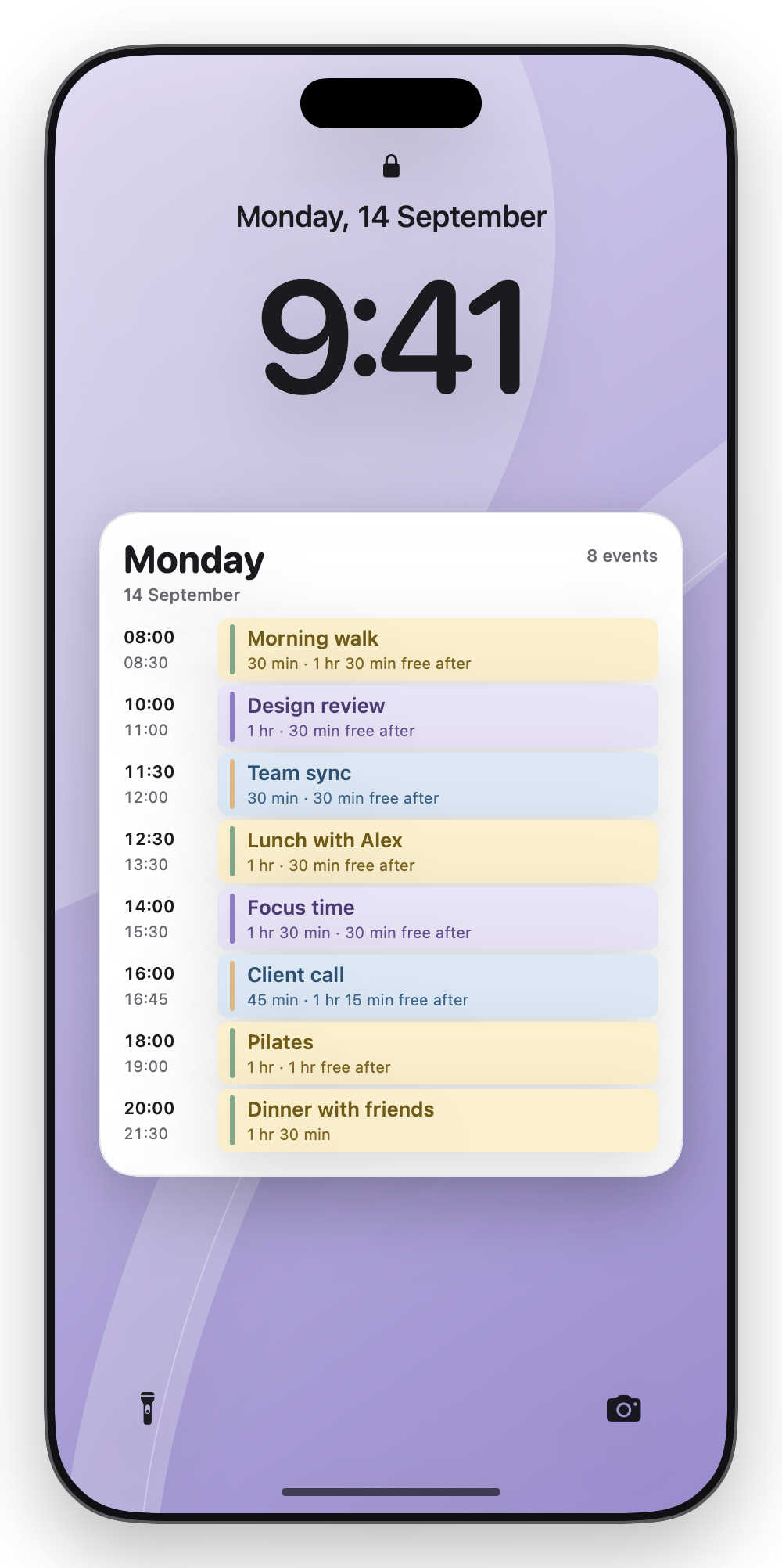 Ultracal Lock Screen day schedule with eight example meetings, times and free gaps