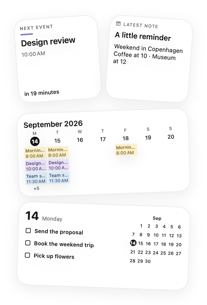 Small next-event and note widgets, a weekly calendar with several meetings, and a task list